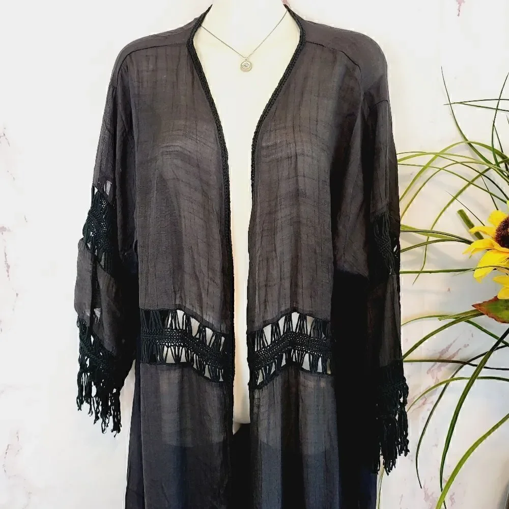 New gauzy swimsuit cover up with crochet and fringe details